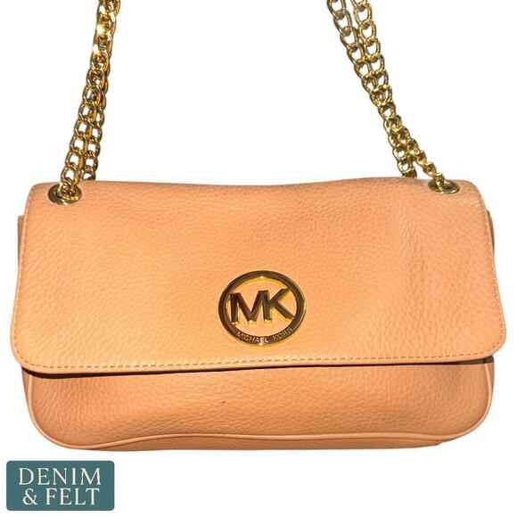 MICHAEL KORS Fulton Pinkish Tan Leather Pebbled Shoulder Bag Gold Chain Strap - Picture 4 of 12